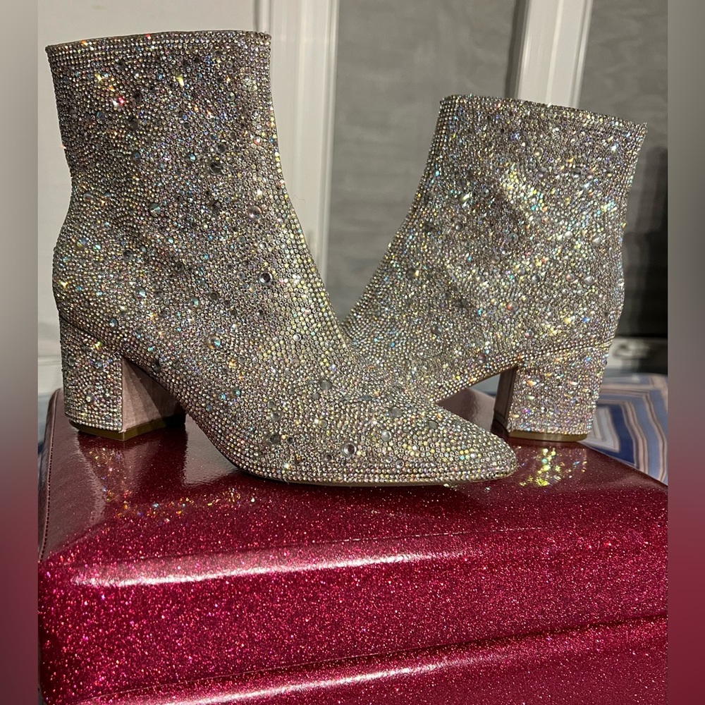 Betsey Johnson Silver Crystal Embellished Ankle Boots